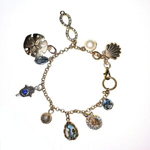 Vintage Gold Charm Bracelet with Seashell, Pearl, Labradorite, Evil Eye Accents